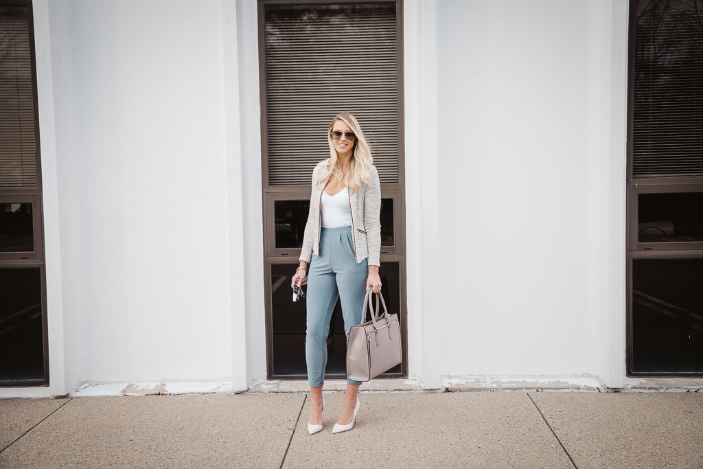 Leith Nordstrom pant with white pumps, white bodysuit and tweed blazer