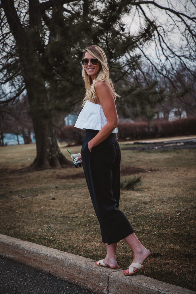 aritzia tube top and rachel pally twill pant with straw Splendid sandals